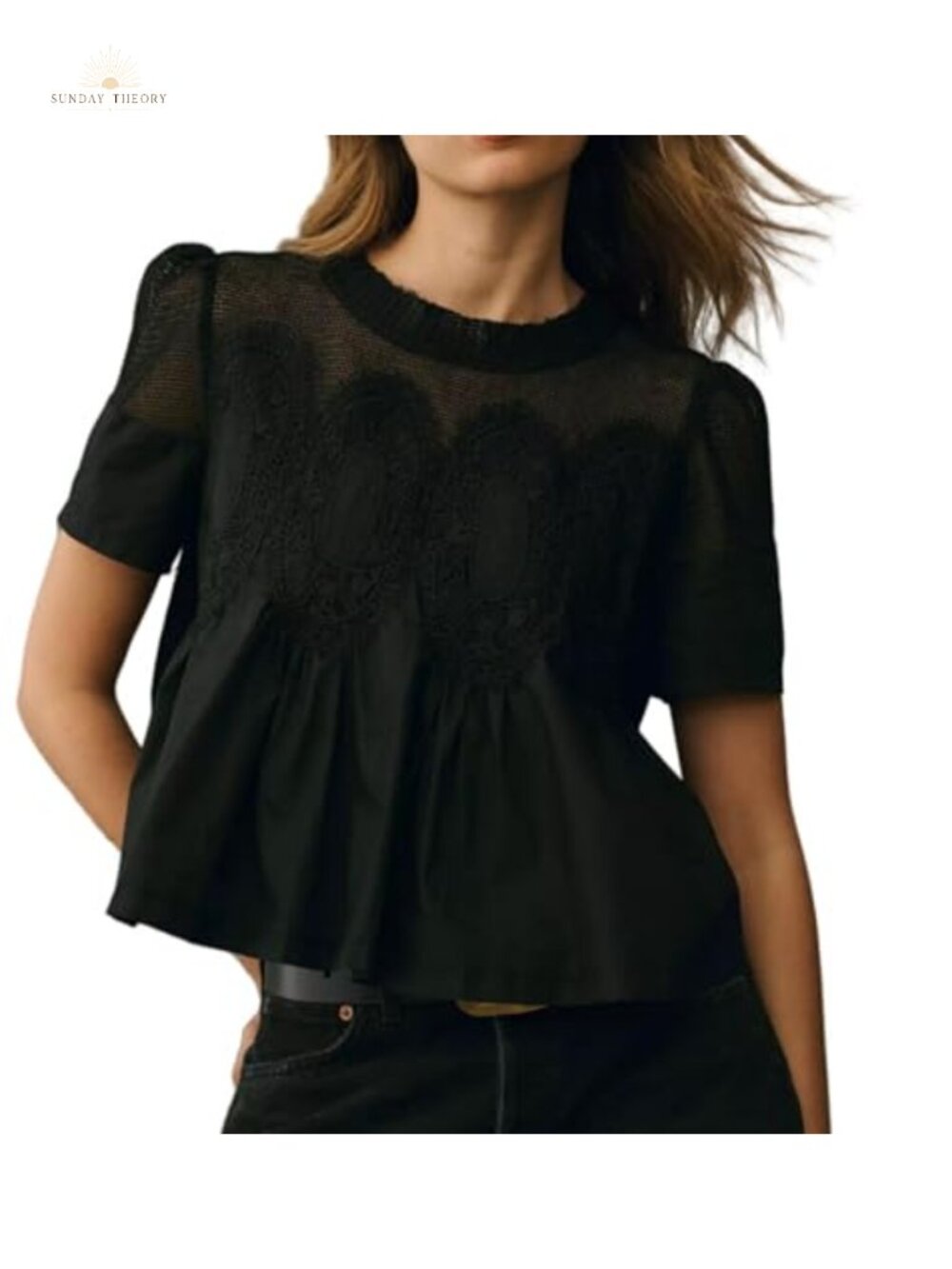Lace Detail Flared Short Sleeve Blouse Crew Neck Poplin Mesh Swing Top